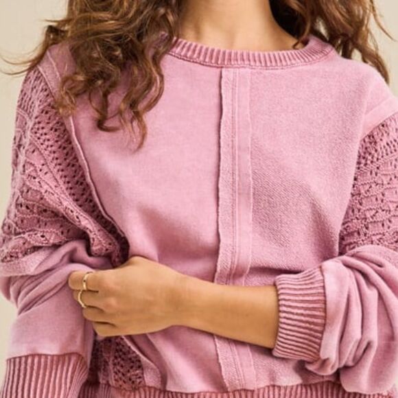 ALTAR’D STATE M Jenna Ash Rose Pink Stone Washed Crochet Pieced Crewneck Top - Picture 5 of 16
